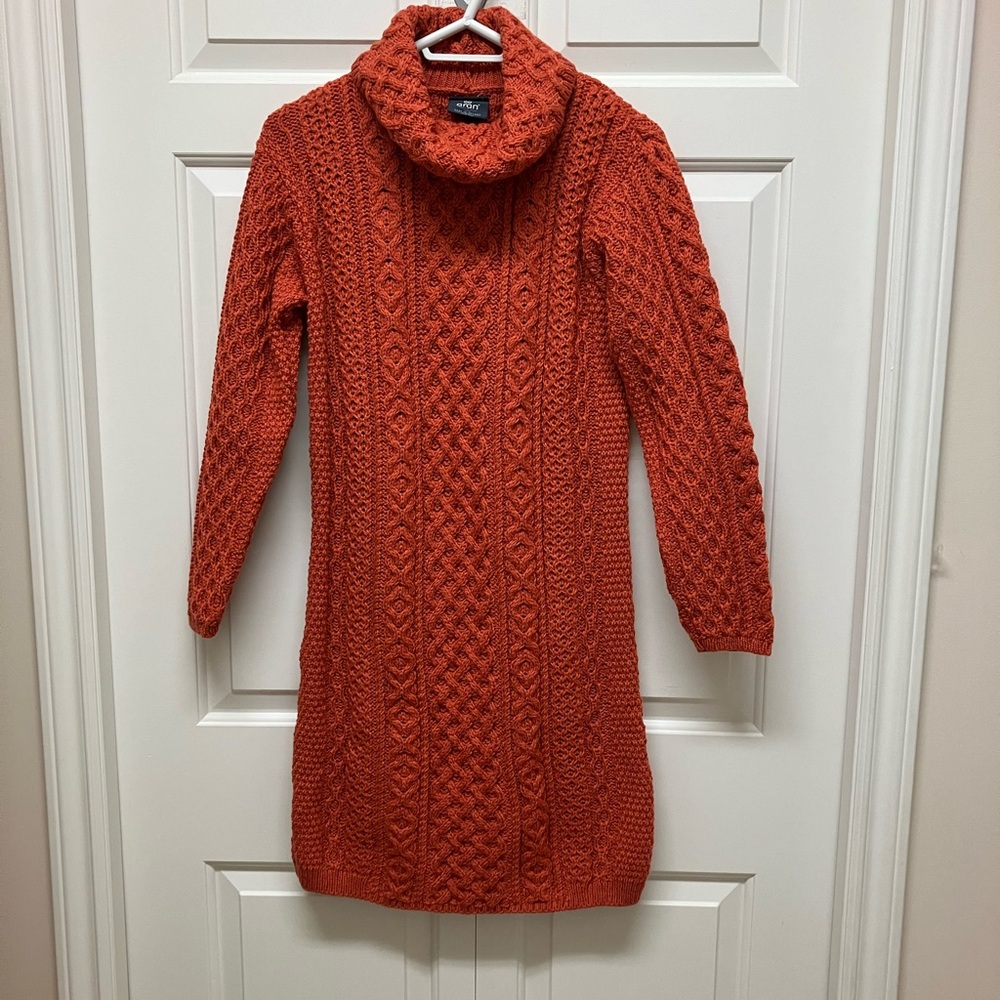 Cable Aran dress with cowl neck merino wool long sleeve orange L